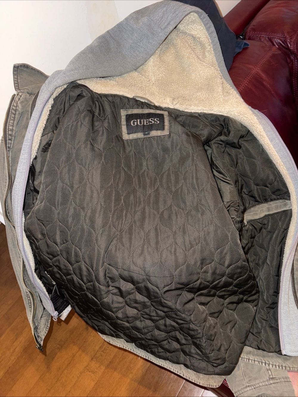 Guess Quilted Jacket with Black Lining and Cream Sherpa